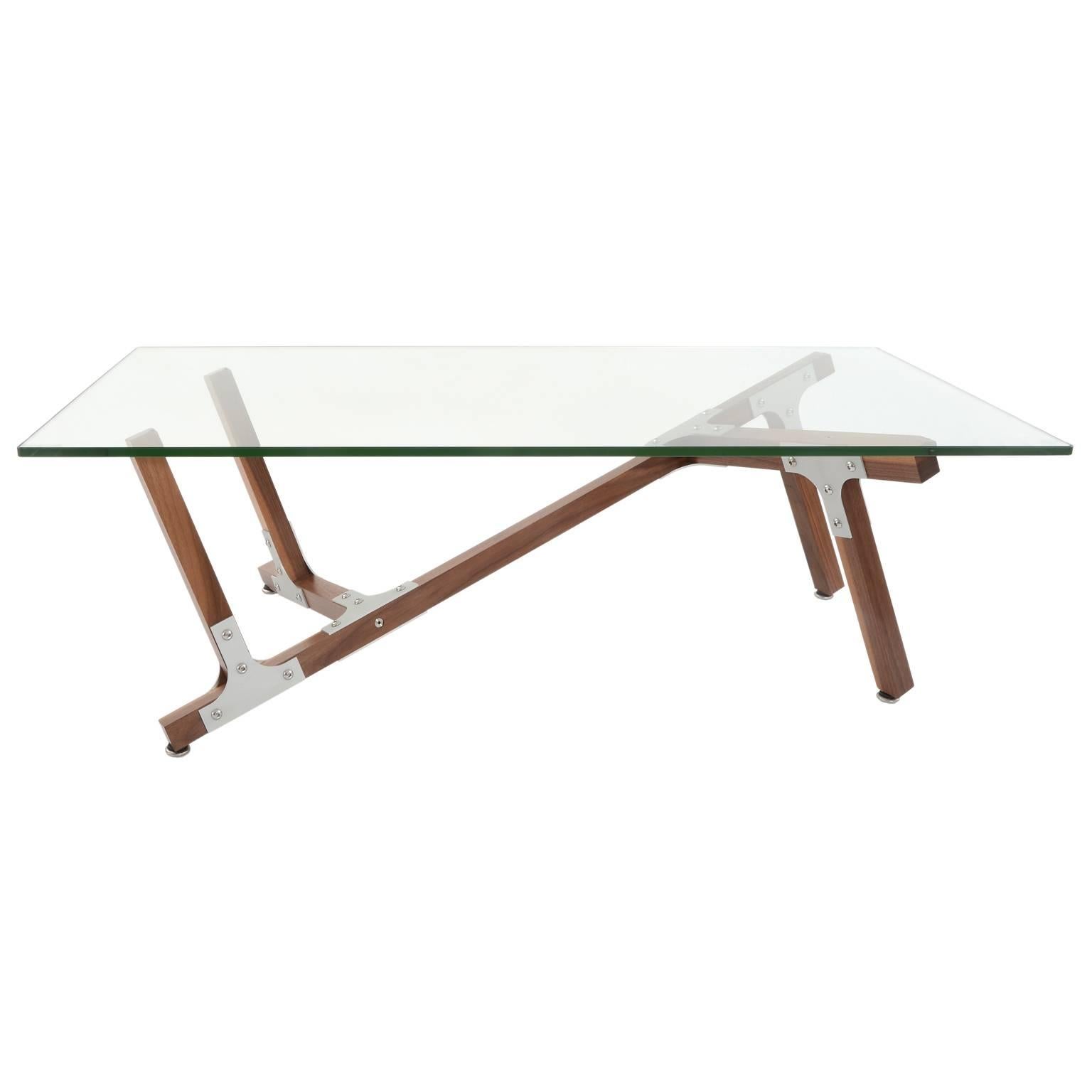 Moderner industrieller Couchtisch der Moderne, von Peter Harrison, Glasplatte aus Metall und Holz (amerikanisch) im Angebot