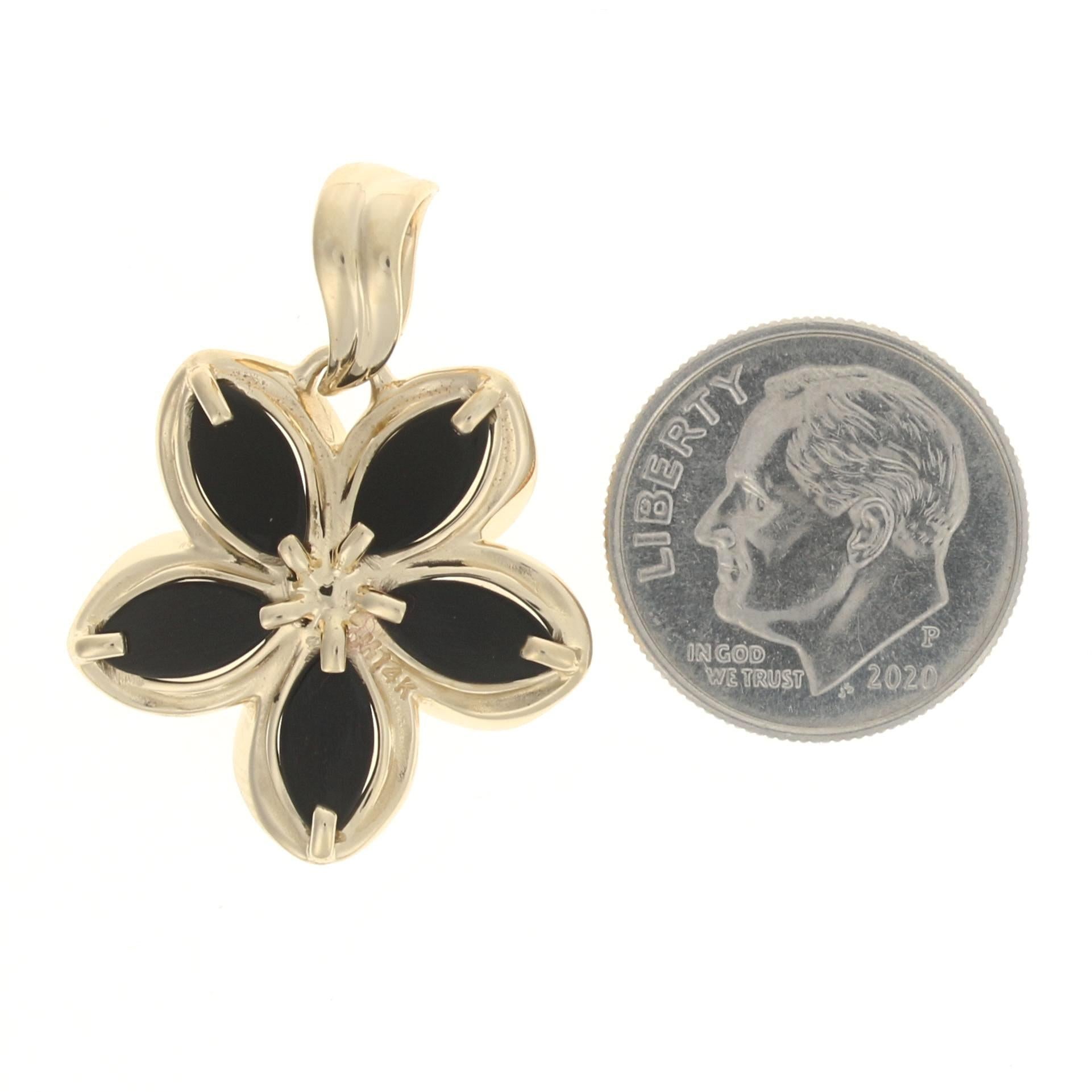 Round Cut Maui Divers Diamond & Onyx Flower Pendant, Yellow Gold 14k Round .30ctw Blossom