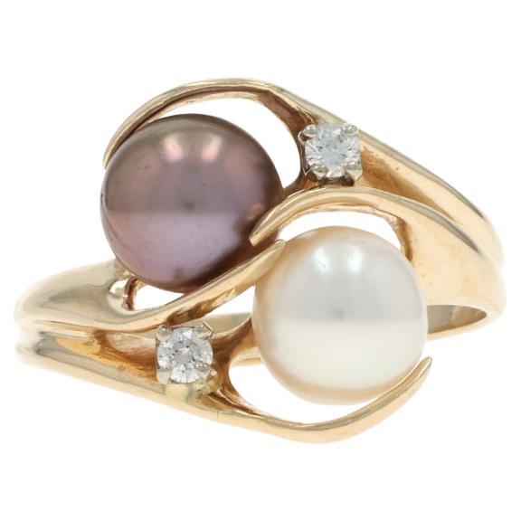 Maui Divers Pearl Diamond Ring - Yellow Gold 14k Two-Stone Bypass For Sale
