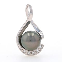 Maui Divers Tahitian Pearl & Diamond Pendant - White Gold 14k Round .20ctw Swirl