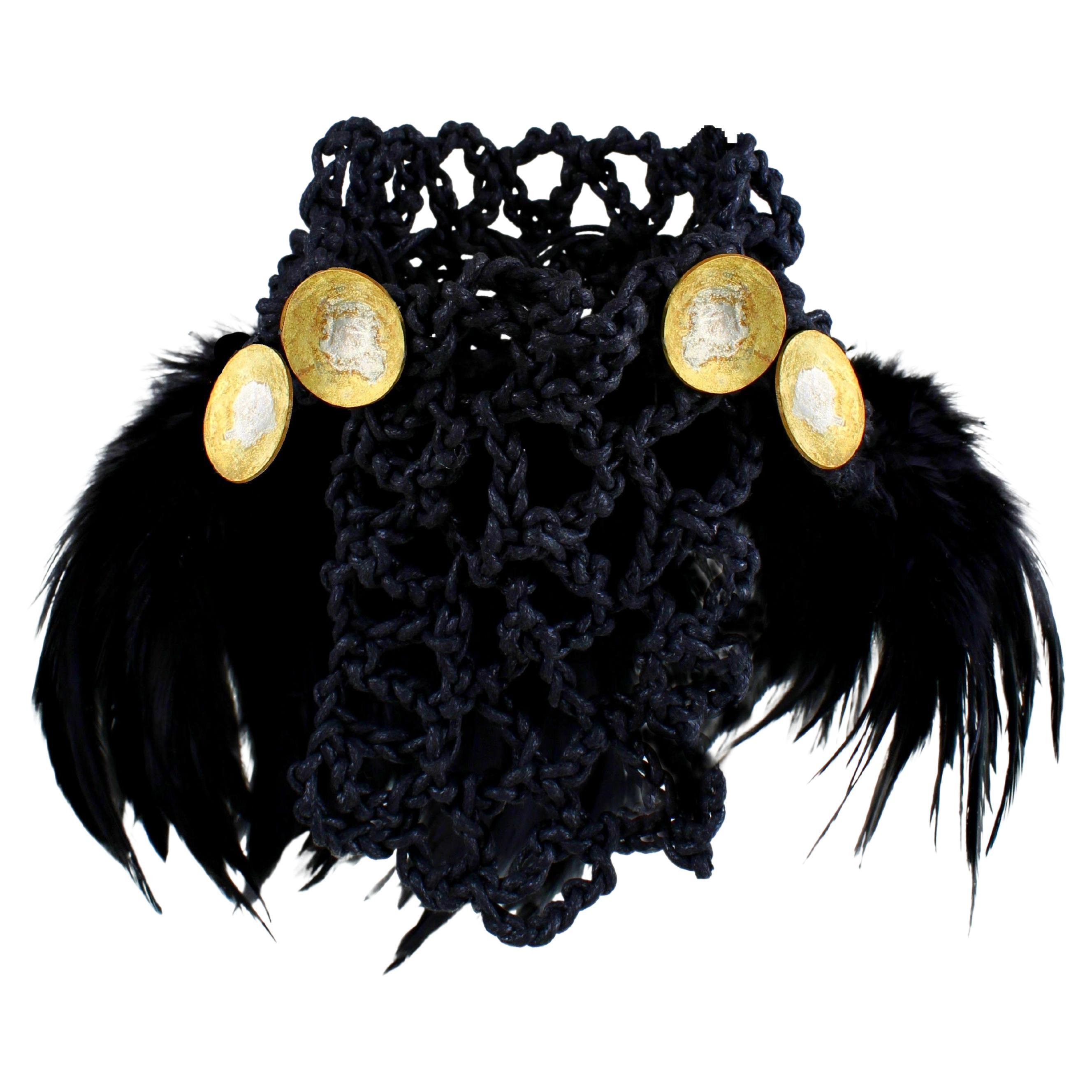 MAUKE V JEWELRY Black Crochet Choker Raven With Brass Elements For Sale