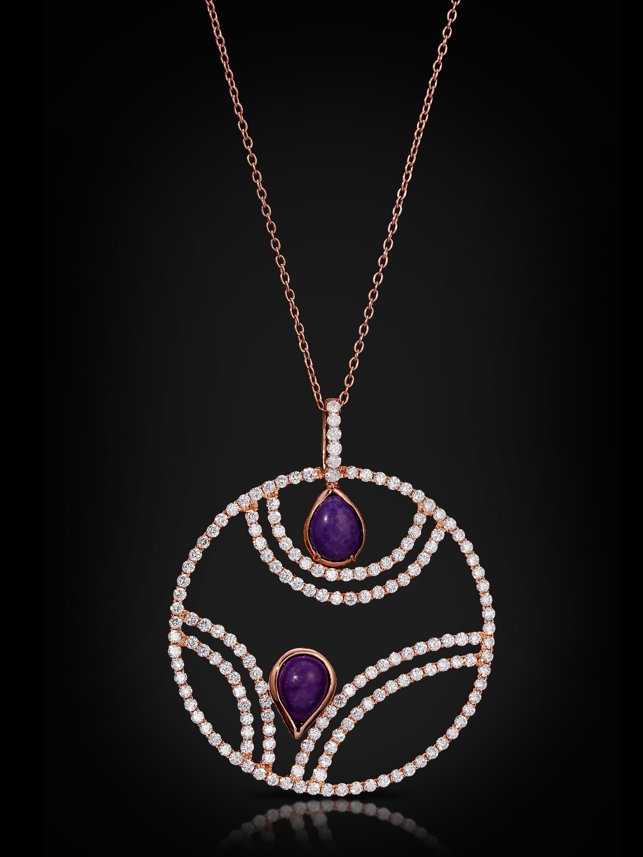 Brilliant Cut Cercle de la Vie ~ Pavé Diamonds, Sugilite Necklace 18k Gold For Sale