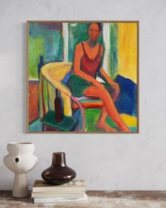 "Awakening" - Bright Colorful Textural Figurative Woman Sitting Abstract Artwork