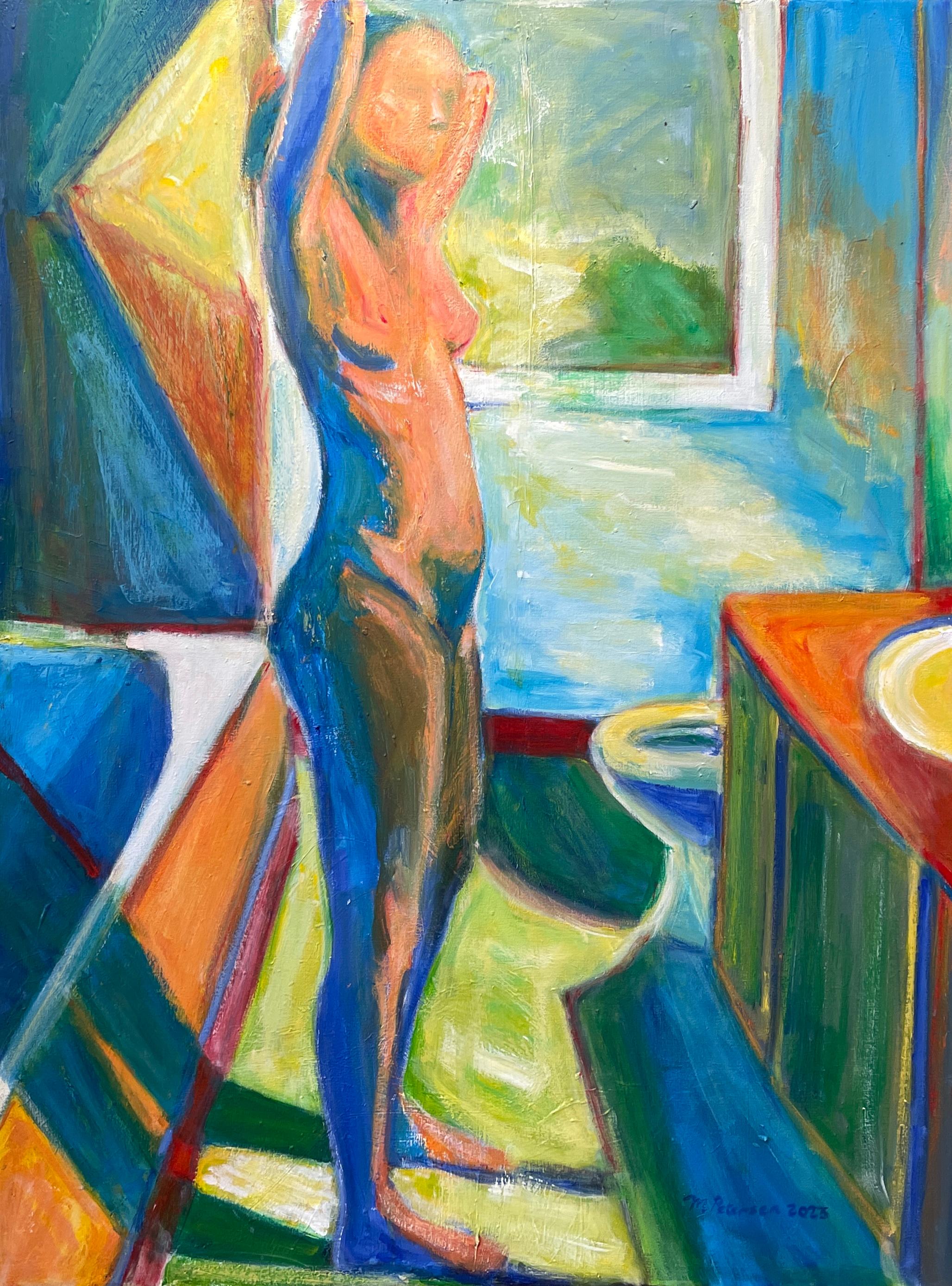 Escena de baño" de Maura Petersen - Vibrante figuración de una impresionante mujer desnuda