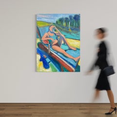 Colorful Figurative Oil Painting, Woman on Chaise, Original Oil Painting, 48x36