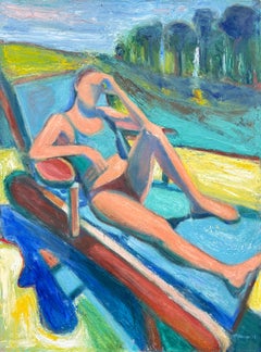 Cuadro figurativo a óleo muy colorido, «Mujer en una tumbona», cuadro original a óleo, 48x36