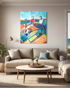 "Couple au bord de la baie" par Maura Petersen - Scène expressionniste vibrante d'une journée ensoleillée