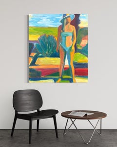 "Figura in abito blu", opera figurativa contemporanea, acrilico vibrante su tela