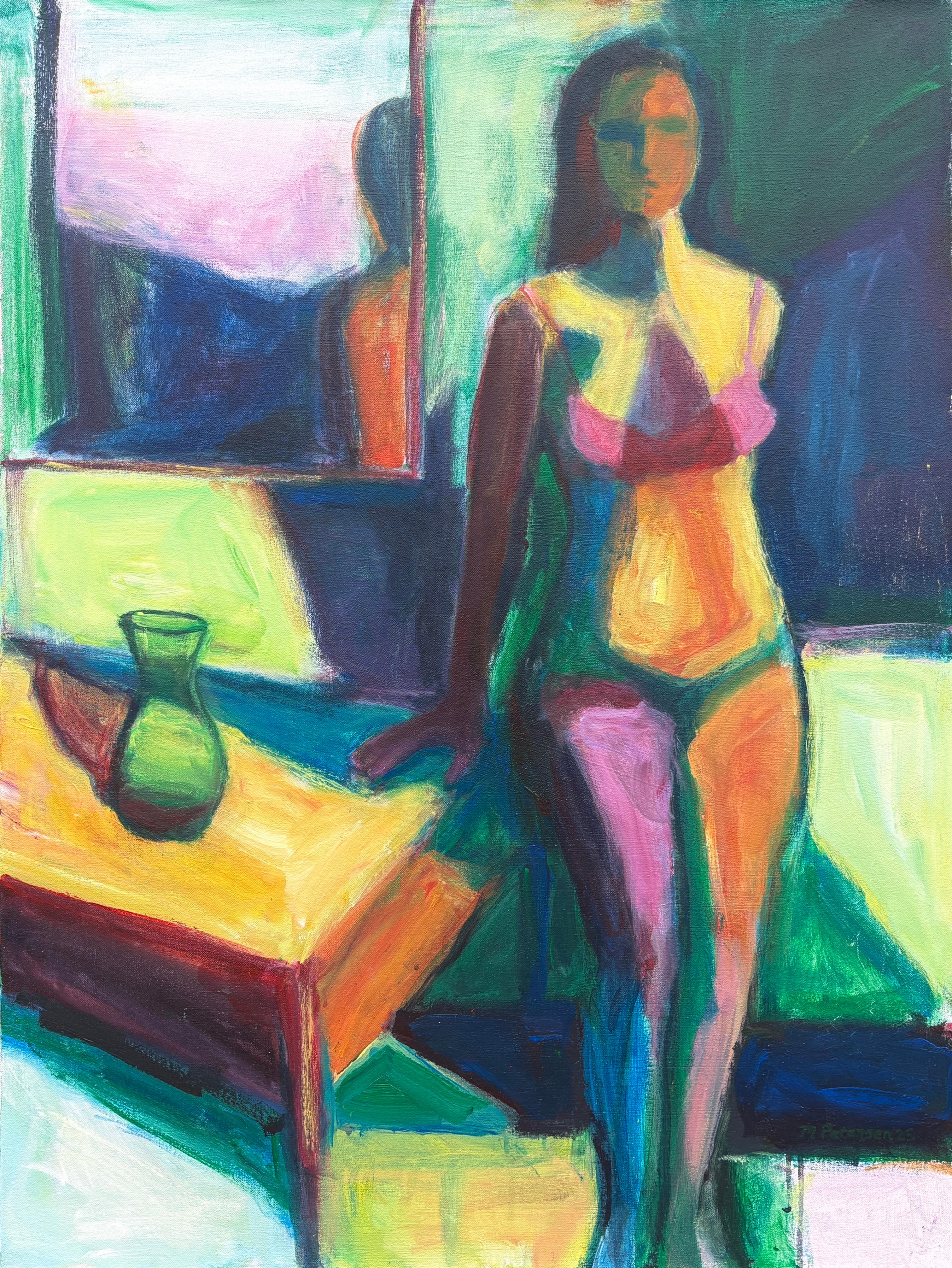 Maura Petersen (American, born 1956)
"Figure in Reflection" 2025
Acrylic paint on stretched canvas
The artist signed the bottom right corner of the painting.

“Figure in Reflection” is a contemplative figurative painting by Maura Petersen. The