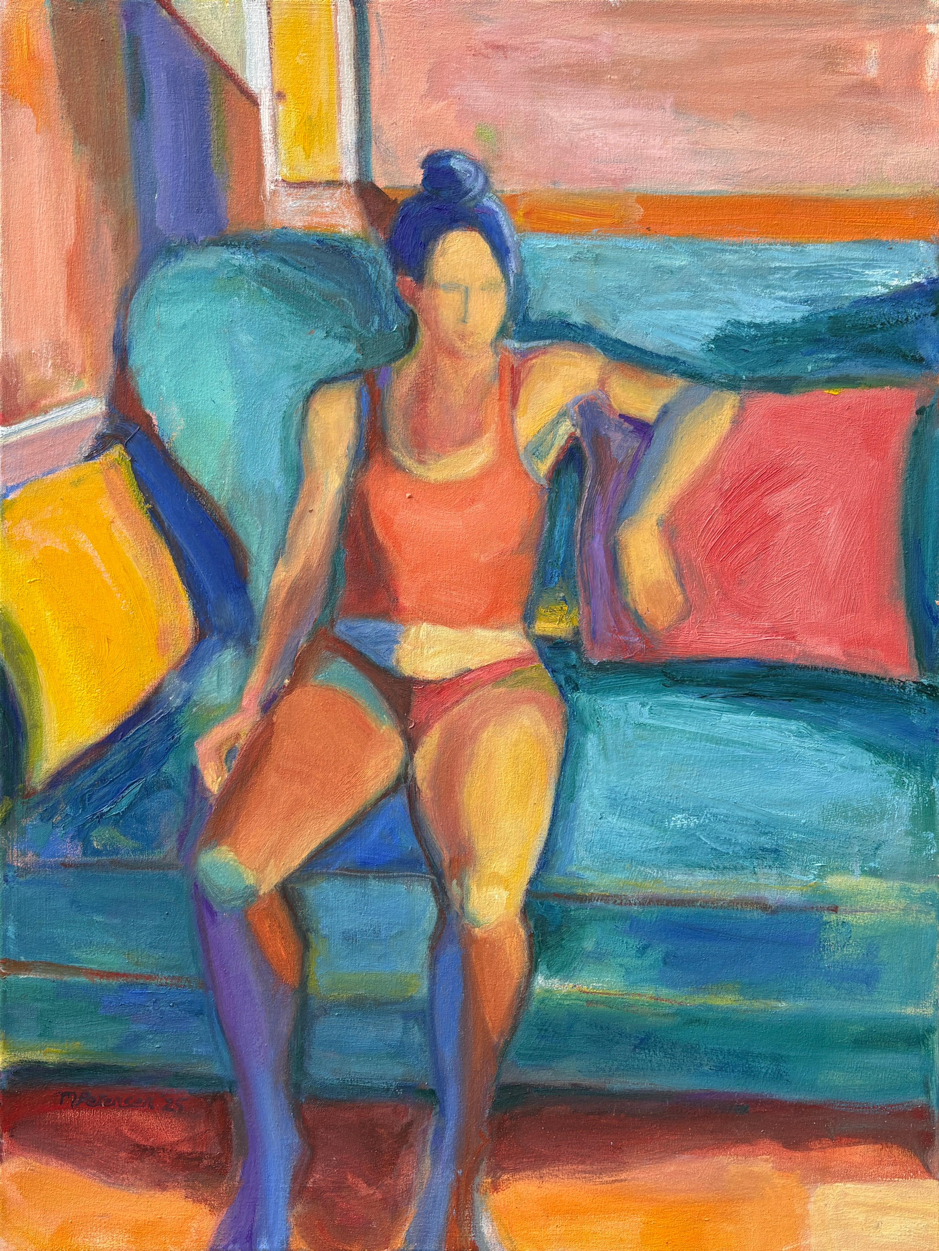 Maura Petersen Figurative Painting – "Figur auf Aqua Couch" - Bunte Moderne Fauvist inspirierte figurative Malerei