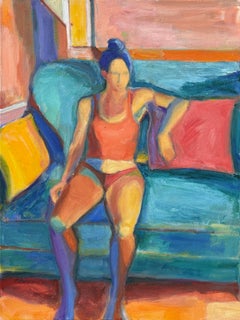 "Figur auf Aqua Couch" - Bunte Moderne Fauvist inspirierte figurative Malerei