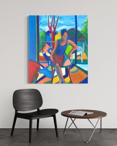 "Figure with Cat", Colorful Interior Figurative Abstract, Woman Seated with Cat