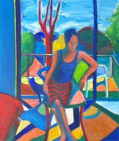 "Figure with Cat", Colorful Interior Figurative Abstract, Woman Seated with Cat