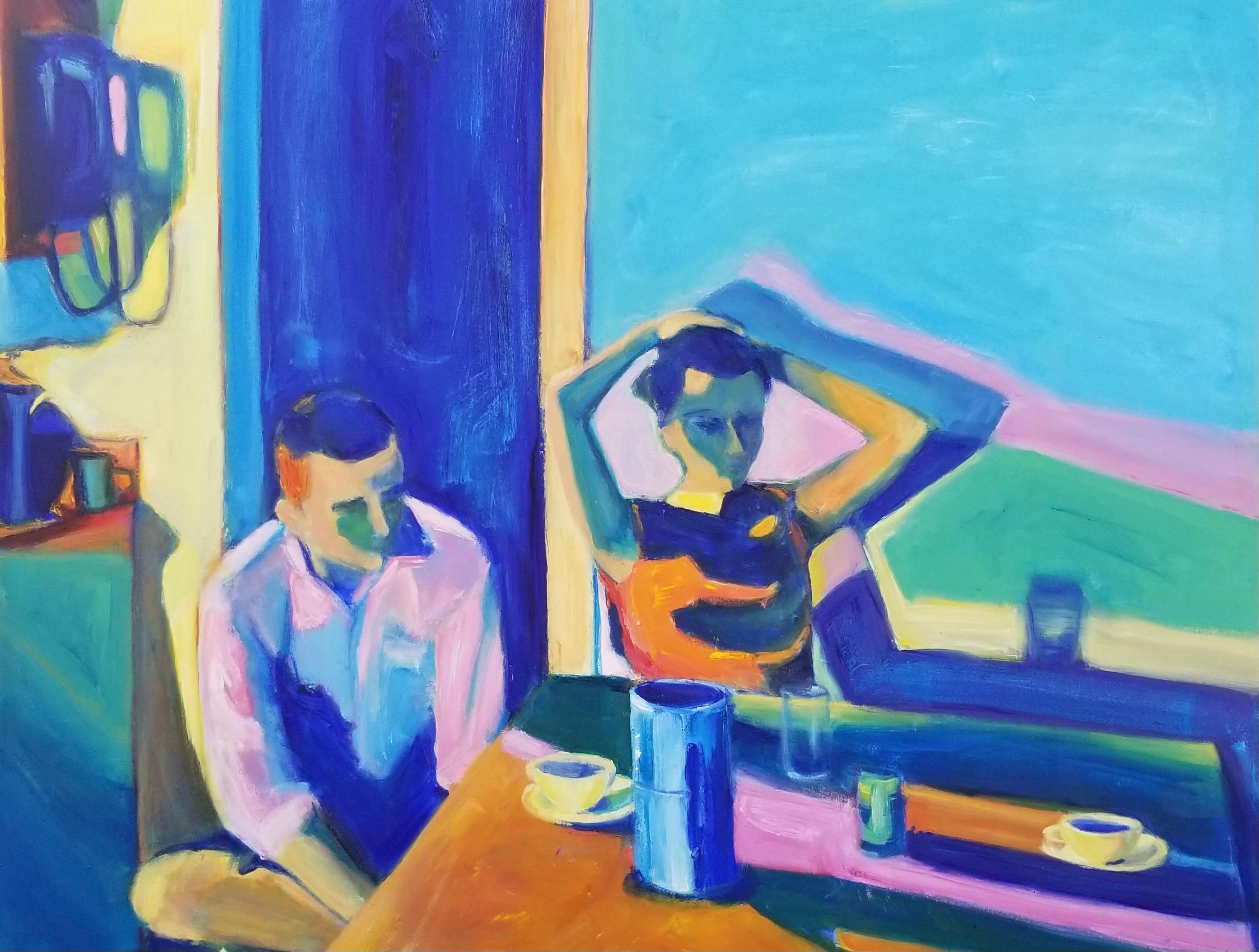 Maura Petersen (americana, nata nel 1956)
"Joan" 2021
Pittura acrilica, tela, barelle
L'artista ha firmato il dipinto in basso a destra.

Joan di Maura Petersen cattura un momento tranquillo e introspettivo, utilizzando colori audaci e vibranti per