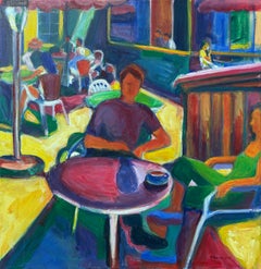 "Summer Cafe" Colorful Figurative Abstract, Cafe Scene, Acrylic on Canvas, 2025