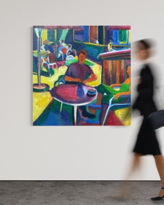 "Summer Cafe" Colorful Figurative Abstract, Cafe Scene, Acrylic on Canvas, 2025