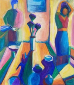 „Das Esszimmer“ von M. Petersen – Schöne figurative, farbenfrohe Paars Paarszene