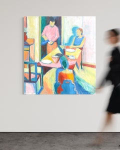 "The Guest", Large Figurative Abstract Interior Scene, Soft Vibrant Tones, Oil