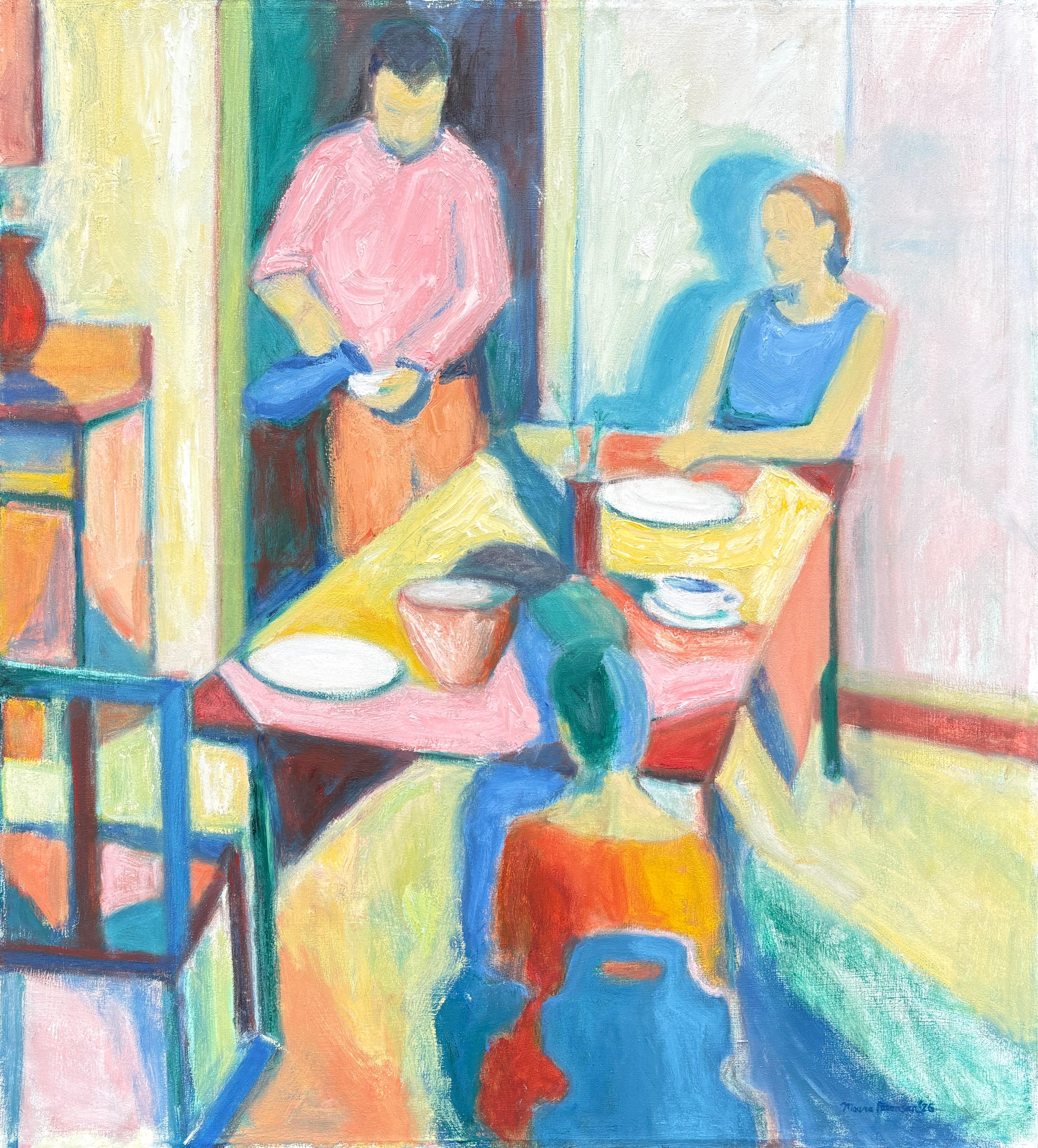 "Der Gast", Große figurative abstrakte Innenraumszene, weiche leuchtende Töne, Öl