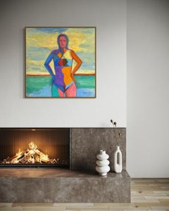 "The Swimmer" - Contemporary Bright Colorful Figurative Abstract Oil Painting