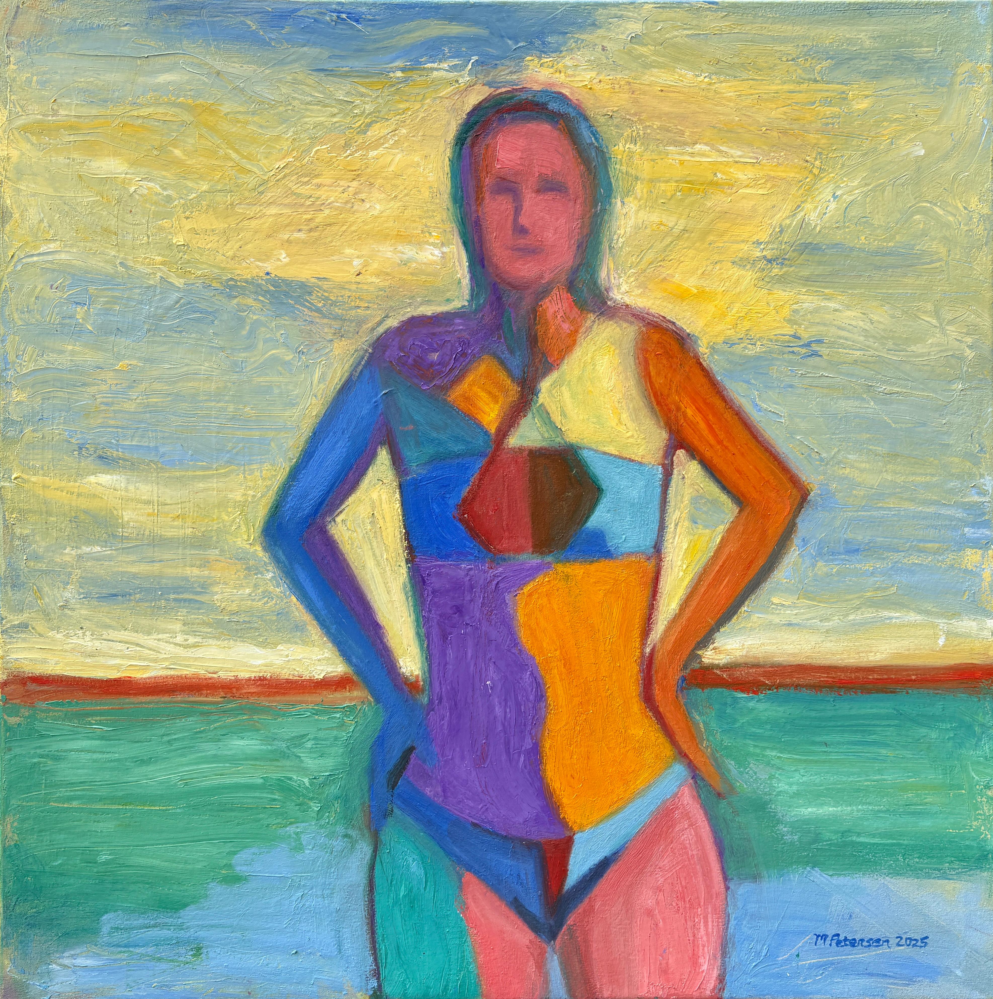 Maura Petersen Figurative Painting - "The Swimmer" - Contemporary Bright Colorful Figurative Abstract Oil Painting