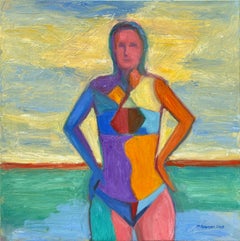 "The Swimmer" - Contemporary Bright Colorful Figurative Abstract Oil Painting