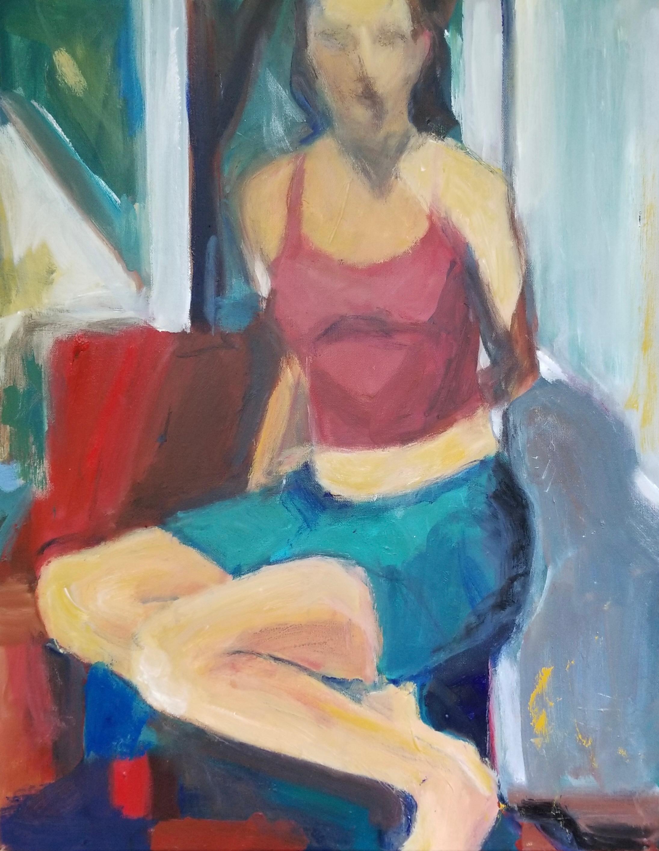 Maura Petersen (americana, nata nel 1956)
"Senza titolo" 2024
Pittura acrilica, tela, barelle
L'artista ha firmato il retro del dipinto.

"Senza titolo" di Maura Petersen cattura una figura in un momento di immobilità, resa con pennellate audaci ed
