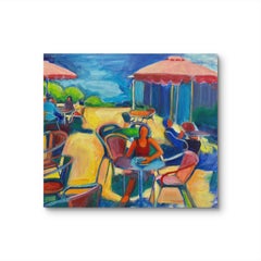 "Westside Cafe" - Colorful Expressionist Sunlit Cafe Scene Acrylic Painting