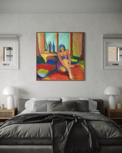 "Mujer junto a la ventana" - Obra de arte contemporánea figurativa de mujer joven de colores vibrantes