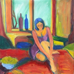 "Woman by Window" - Vibrant Colorful Contemporary Figurative Young Woman Artwork