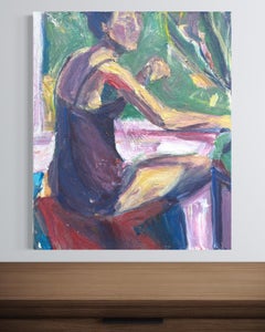 "Woman in Lavender", Acrylic Figurative Interior Painting, Seated Woman, Signed