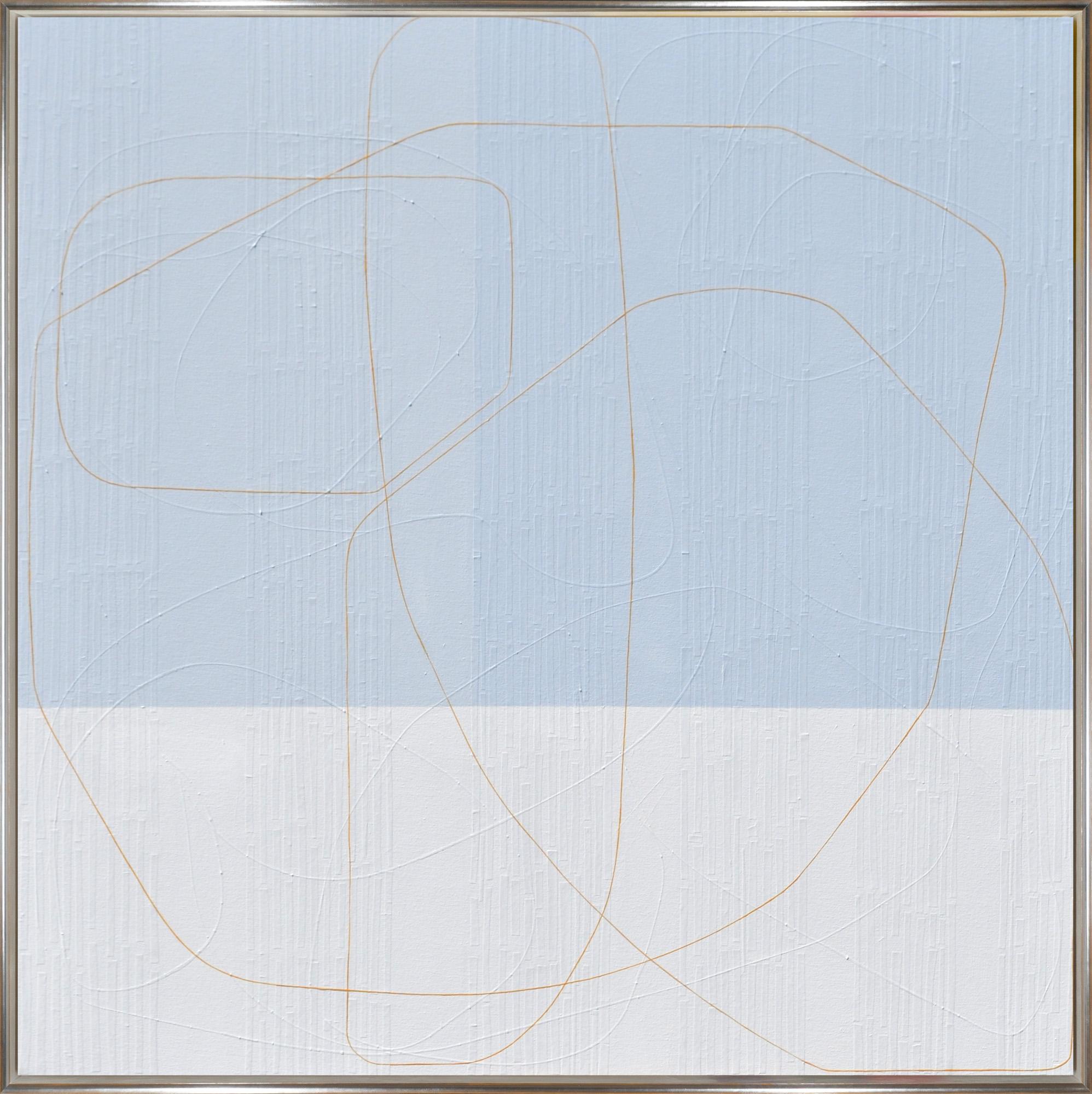 Maura Segal Abstract Painting - "Beauty Sleep" Light Blue & Gray Color Blocked Abstract with Orange Line