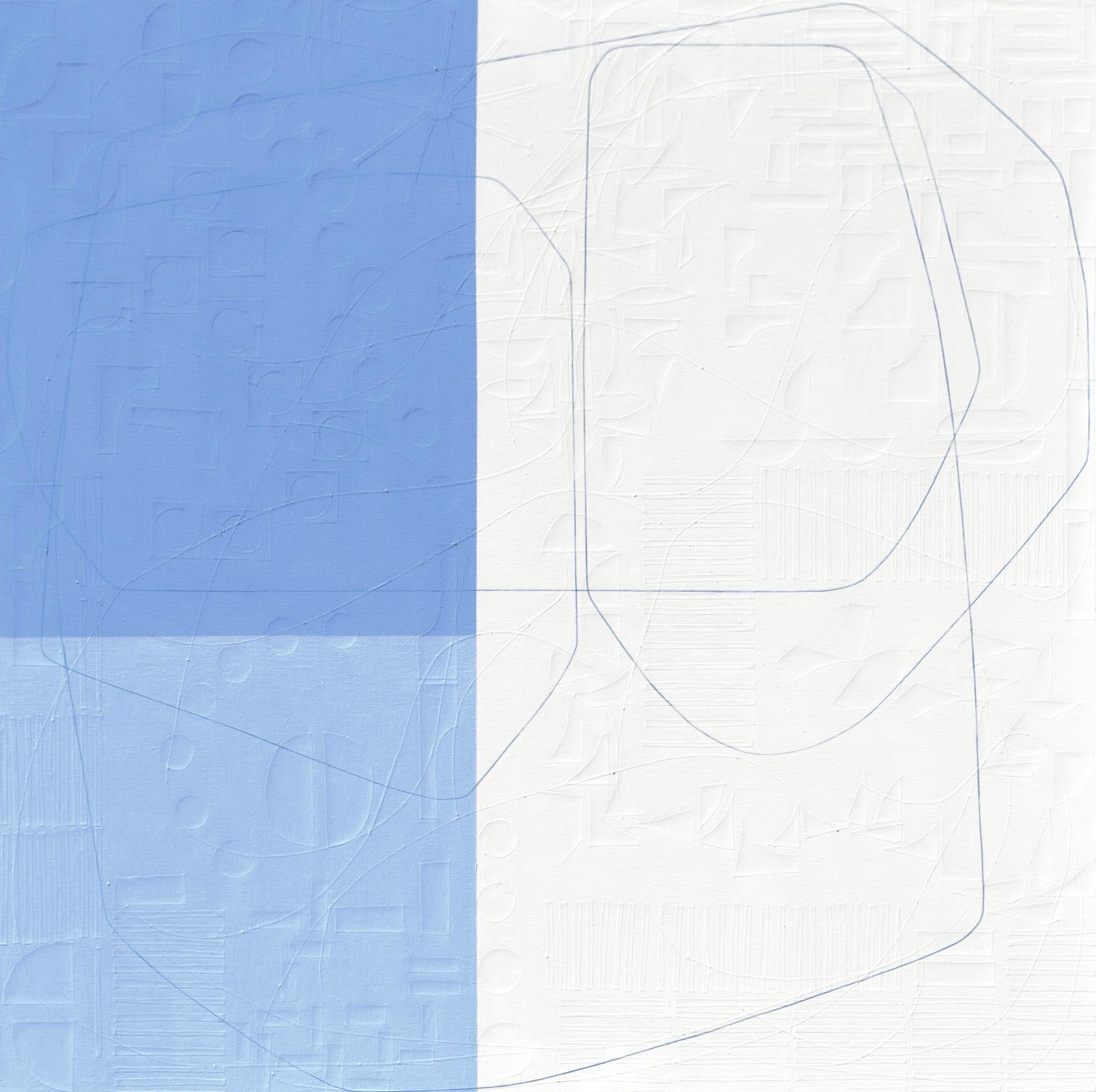 „Blue Moon“ Hellblauer & weißer Farbblock mit blauer Linie – Painting von Maura Segal