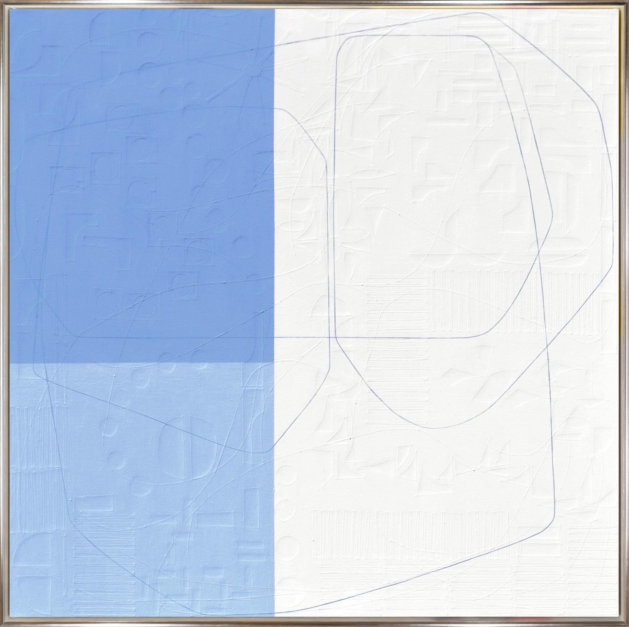 Maura Segal Abstract Painting - "Blue Moon" Light Blue & White Color Blocked with Blue Line