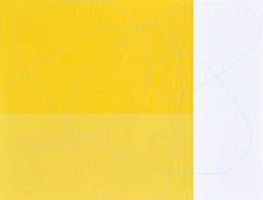 "Pineapple Cake" Bright Yellow & White Color Blocked Abstract with Blue Line