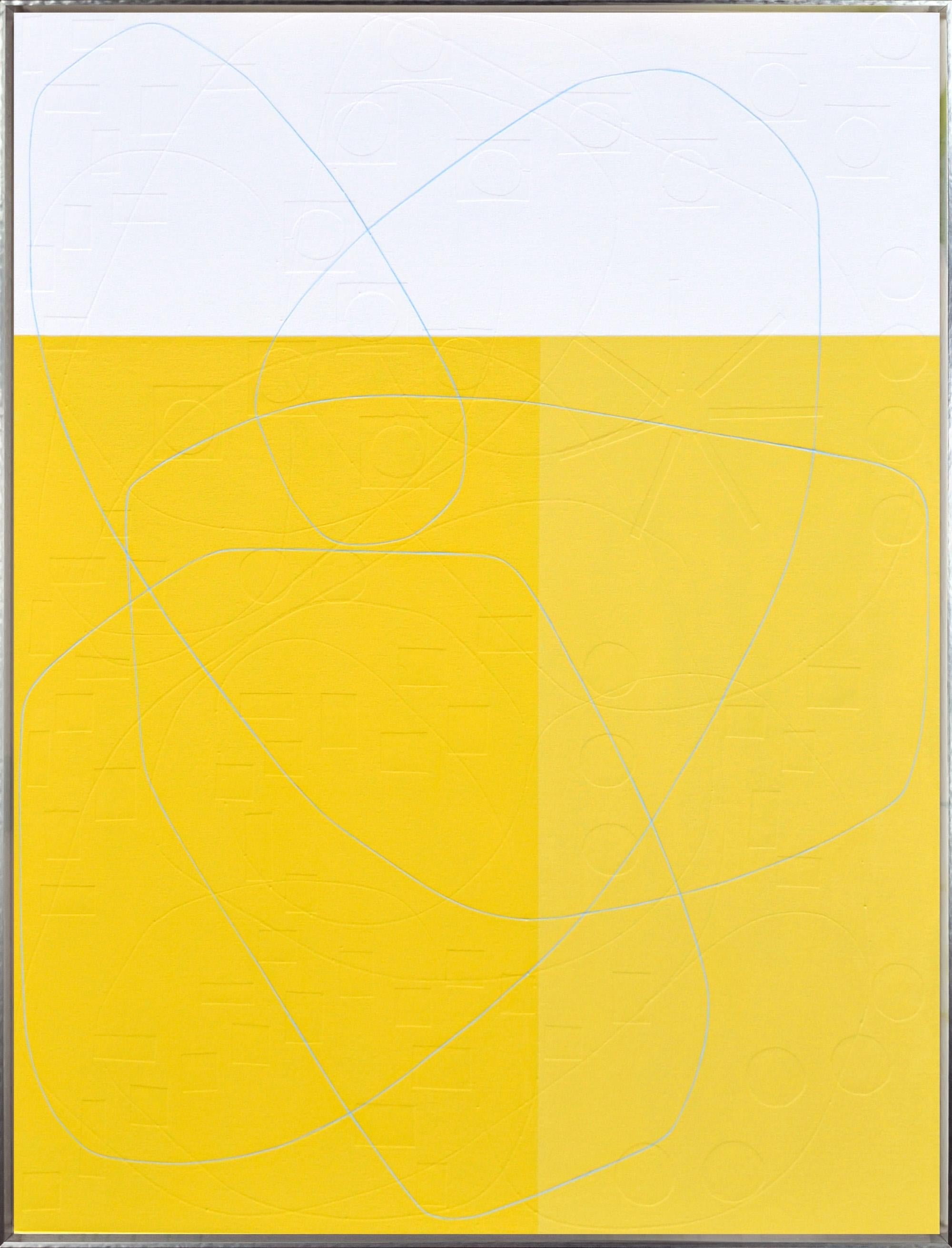 "Pineapple Cake" Bright Yellow & White Color Blocked Abstract with Blue Line - Mixed Media Art by Maura Segal