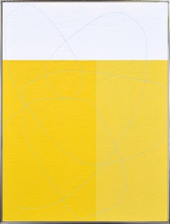"Pineapple Cake" Bright Yellow & White Color Blocked Abstract with Blue Line