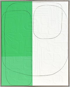 "Crayon Color 2", un'opera astratta in tecnica mista su tela con cornice verde, contemporanea.