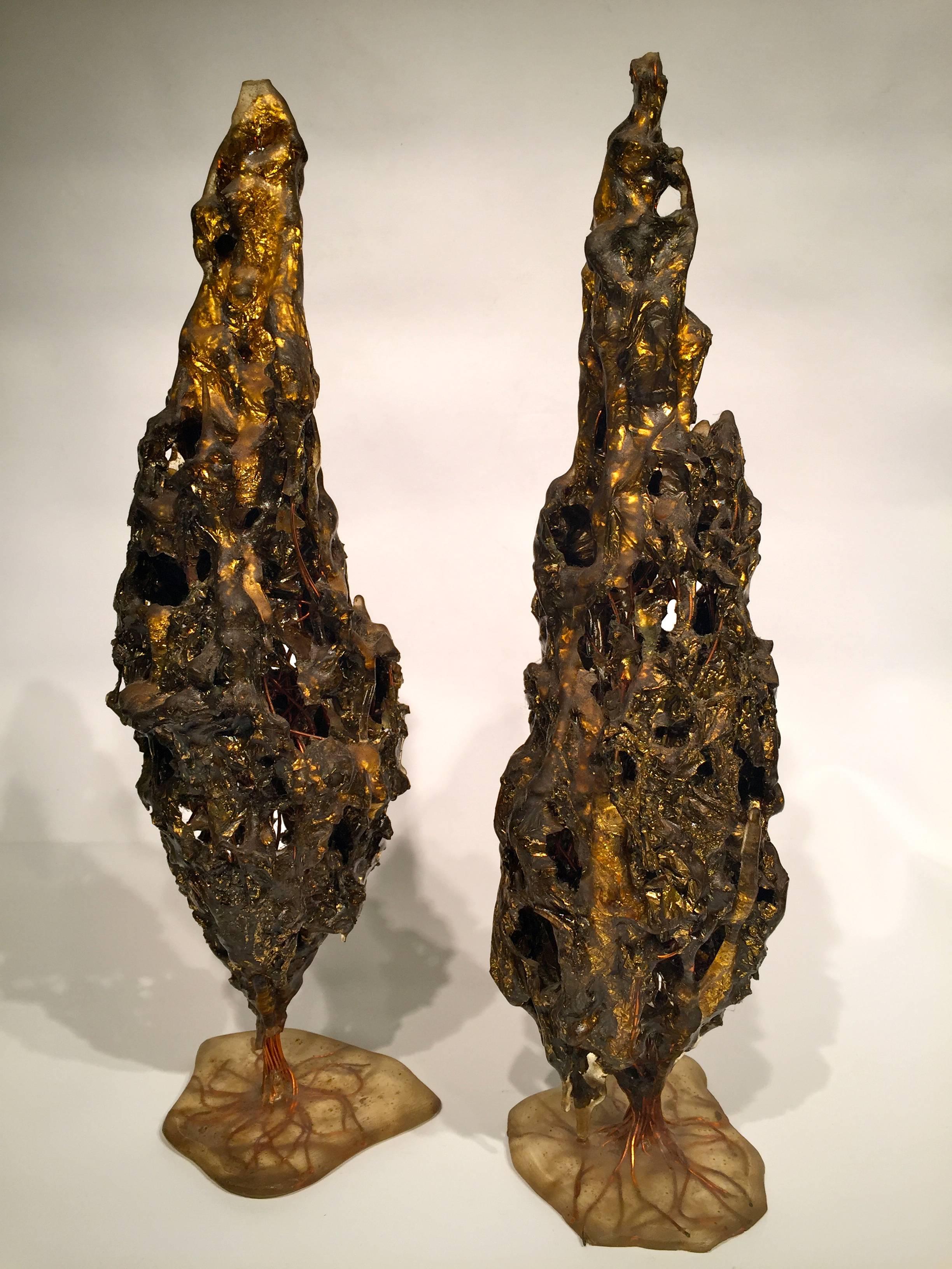 Composition Maurício Bentes Brazilian Pair of Resin, Gold and Copper Tree Sculptures For Sale
