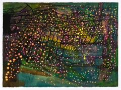 Untitled (MC260) impression abstraite de roses et de jaunes sur fond vert émeraude