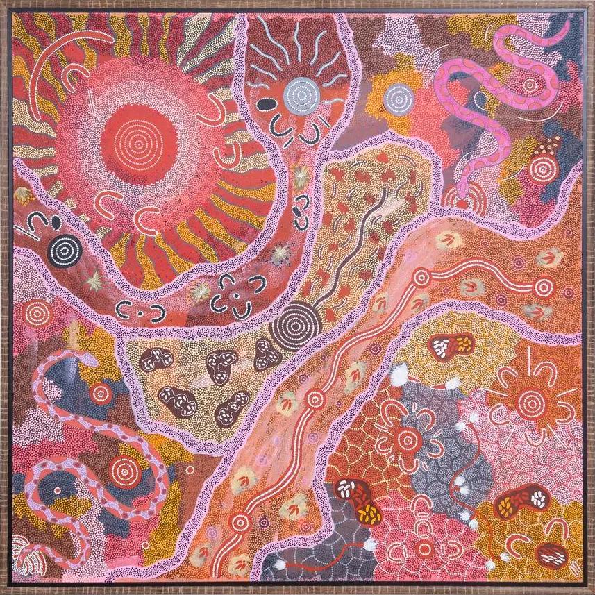 Six Dreamings (Fire-Snake-Women Ceremony-Women-Flying Ant-Emu) LARGE Aboriginal - Painting by Maureen Nampajinpa Hudson