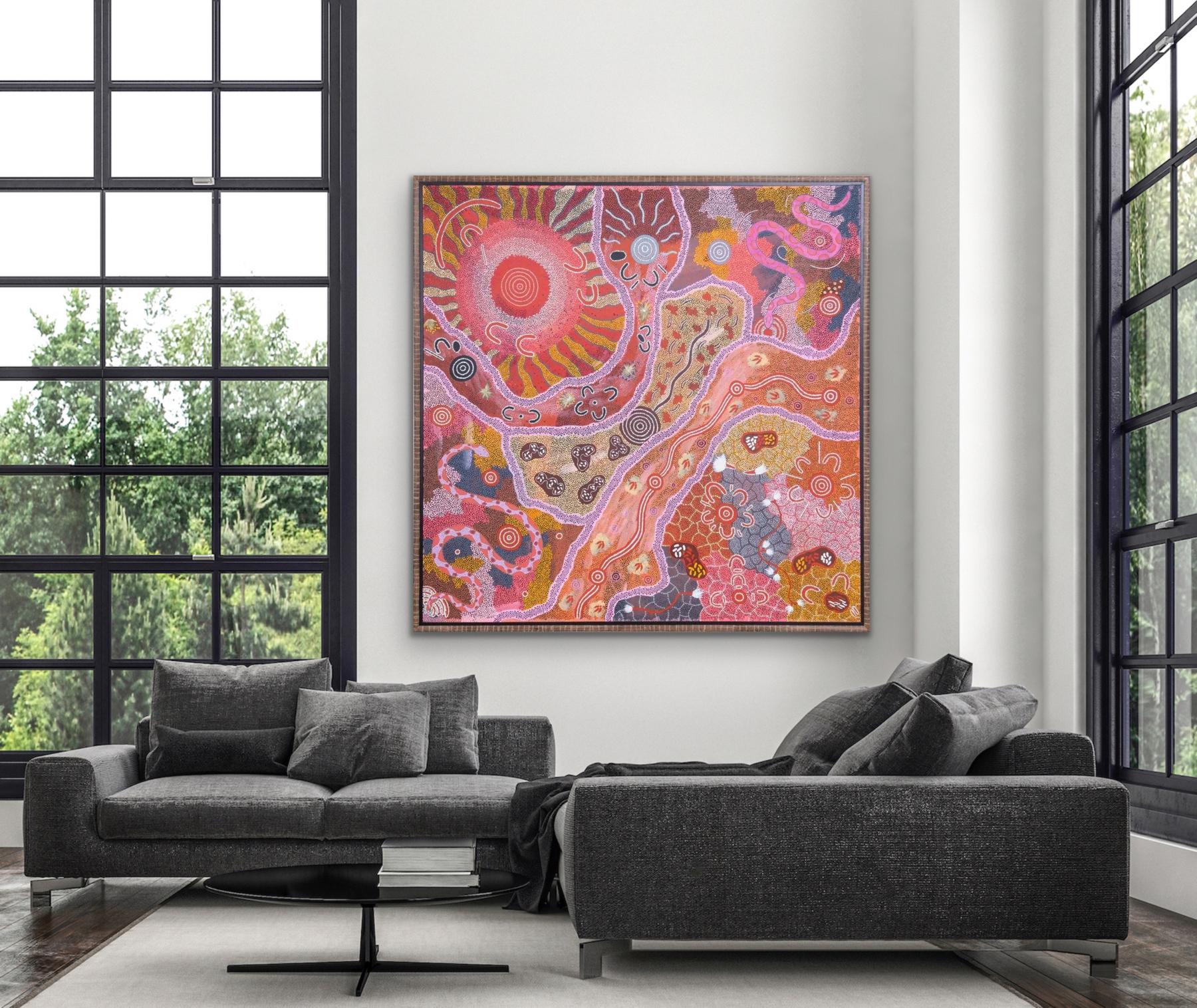 A wonderful, large, important painting by Aboriginal female artist, Maureen Nampajinpa Hudson.
Acrylic on Linen 
Signed and titled verso 