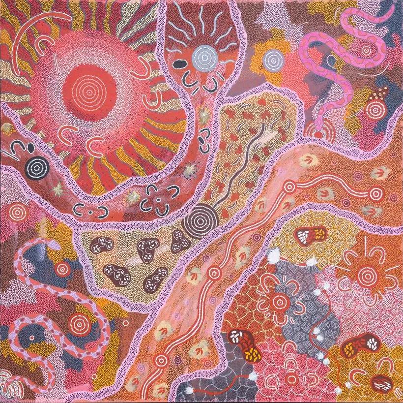Maureen Nampajinpa Hudson Abstract Painting - Six Dreamings (Fire-Snake-Women Ceremony-Women-Flying Ant-Emu) LARGE Aboriginal