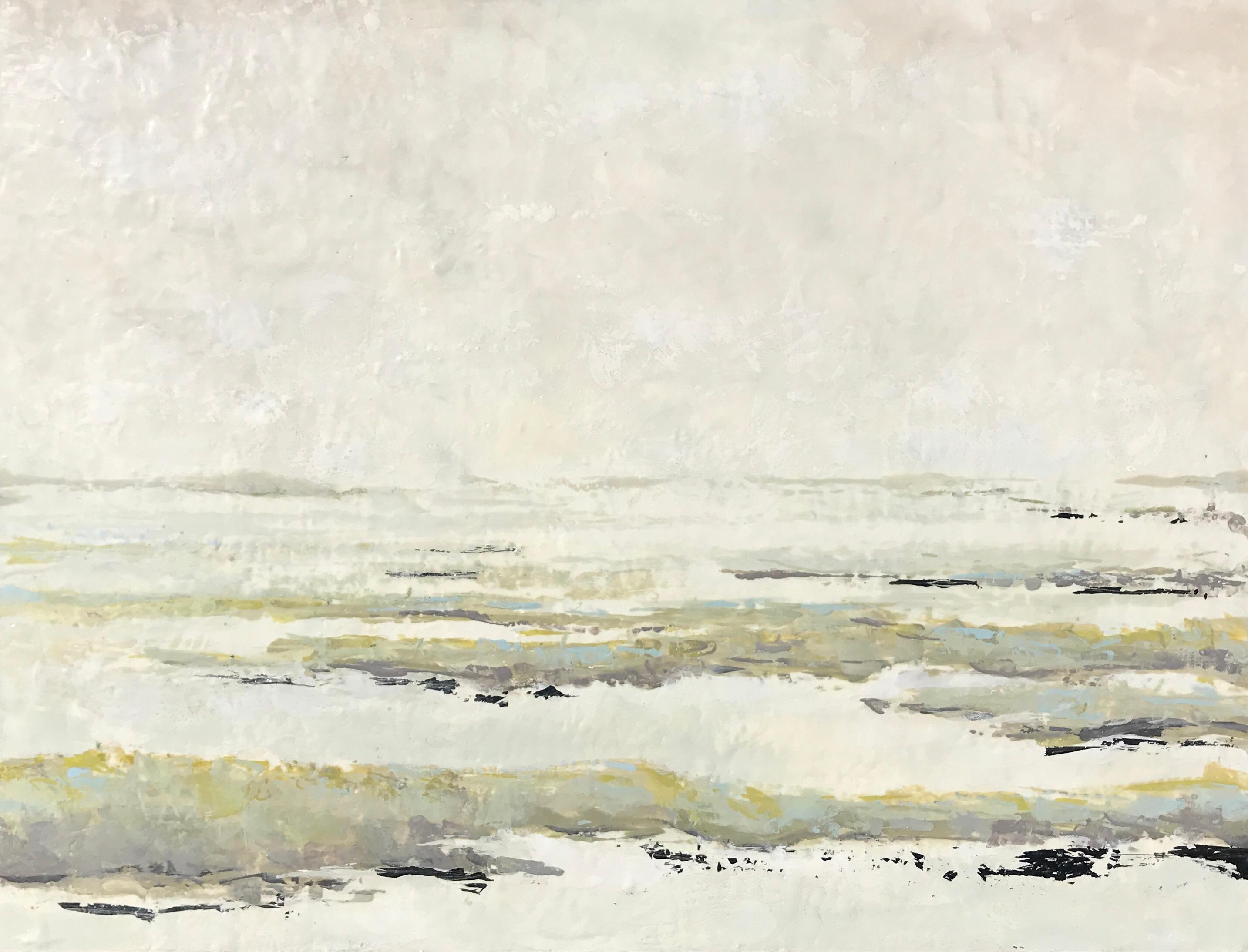 'Marshlands' is a large framed horizontal abstract encaustic and silver leaf on board landscape painting created by American artist Maureen Naughton in 2018. Featuring a soft palette mostly made of white, grey, green, light blue and black colors,