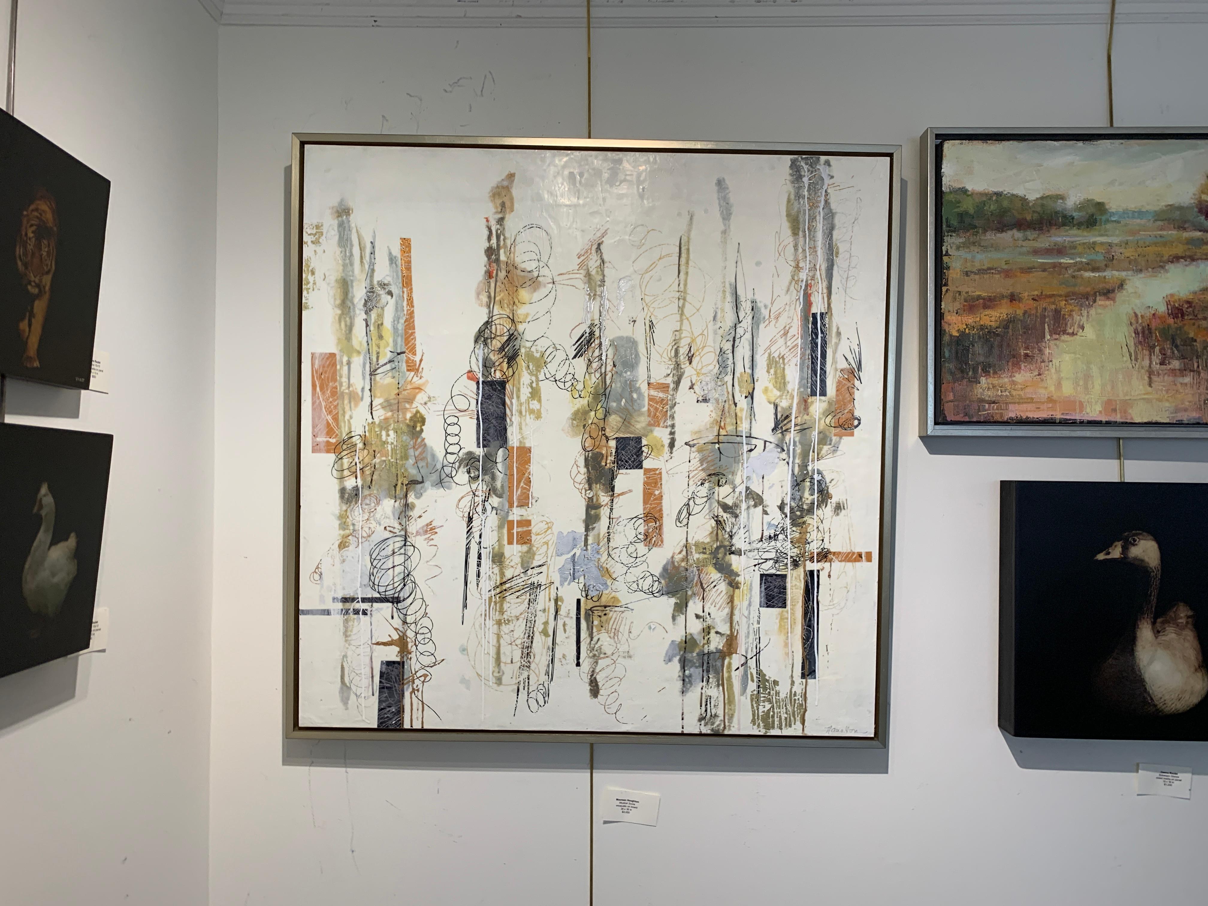 'Musical Score' is a large abstract encaustic on board painting created by American artist Maureen Naughton in 2020. Featuring a striking arrangement of shapes and gestural marks of various sizes highlighted by a lovely accentuation of neutral