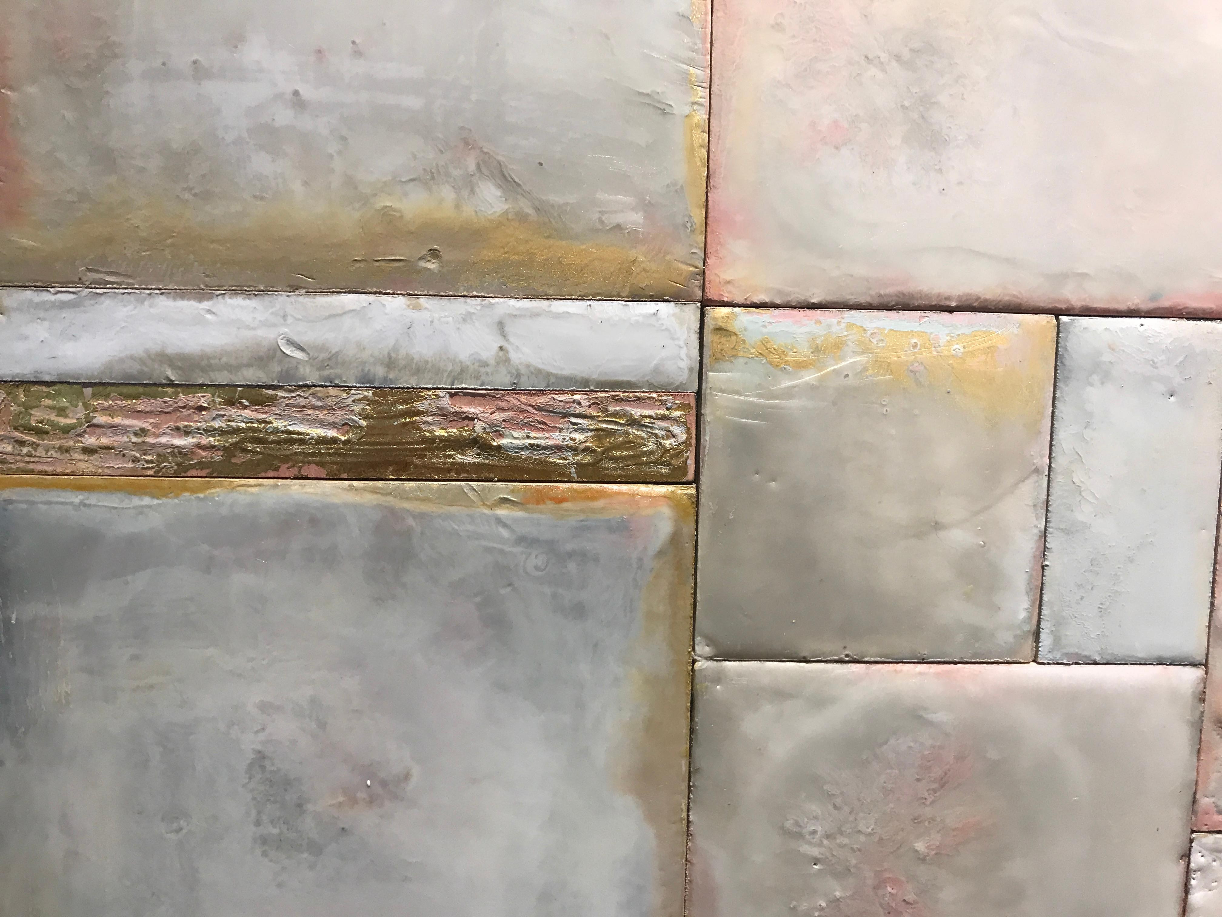 'Rectangle Symphony' is a medium size abstract encaustic and gold leaf on board painting of vertical format created by American artist Maureen Naughton in 2018. And a symphony of rectangles it is! Featuring a soft palette made of off-white, pink and