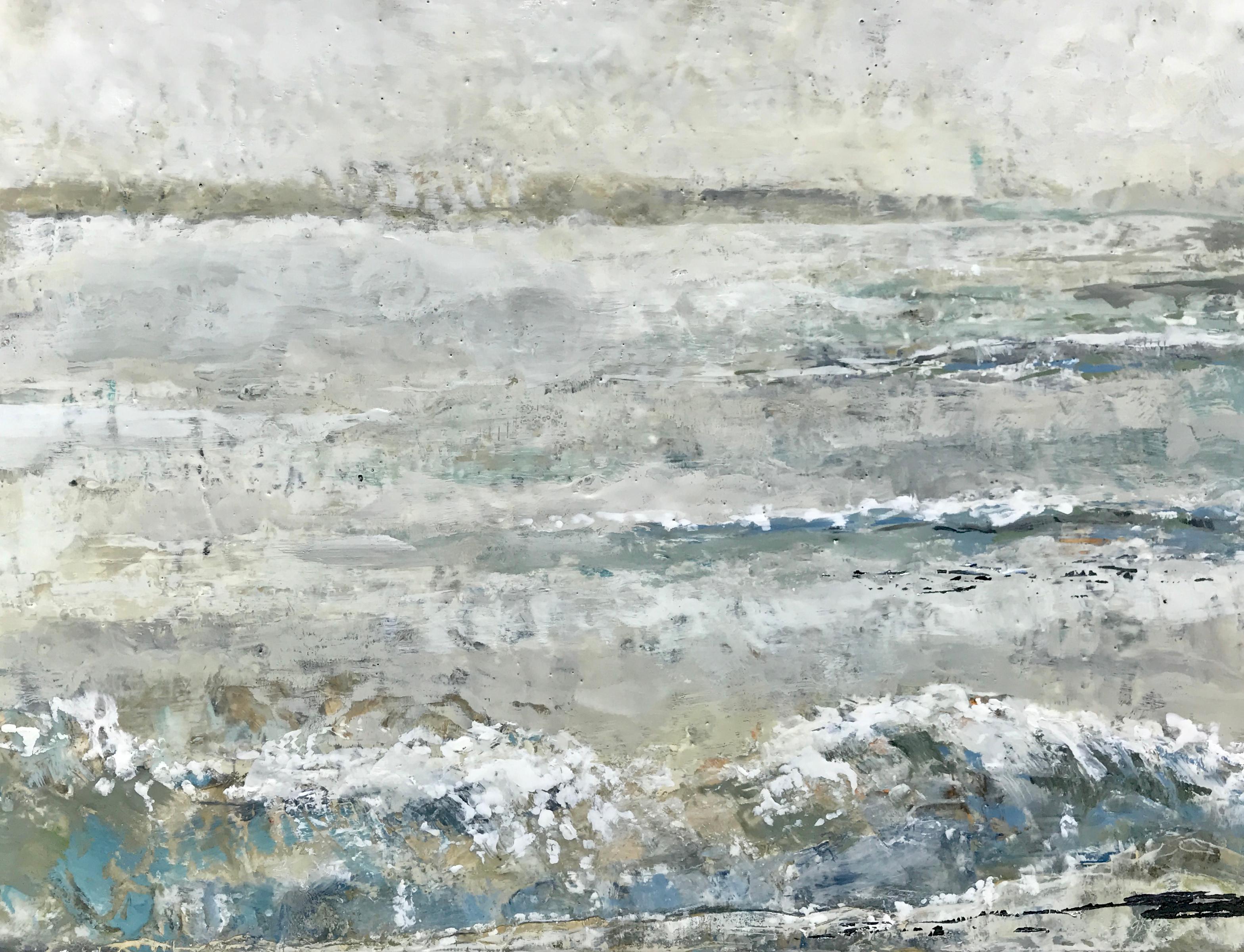 'Sea Clearly' is a framed abstract encaustic on board painting created by American artist Maureen Naughton in 2018. Featuring a soft palette mostly made of white, grey and blue tones, the painting is an abstract depiction of a seascape. The sky is