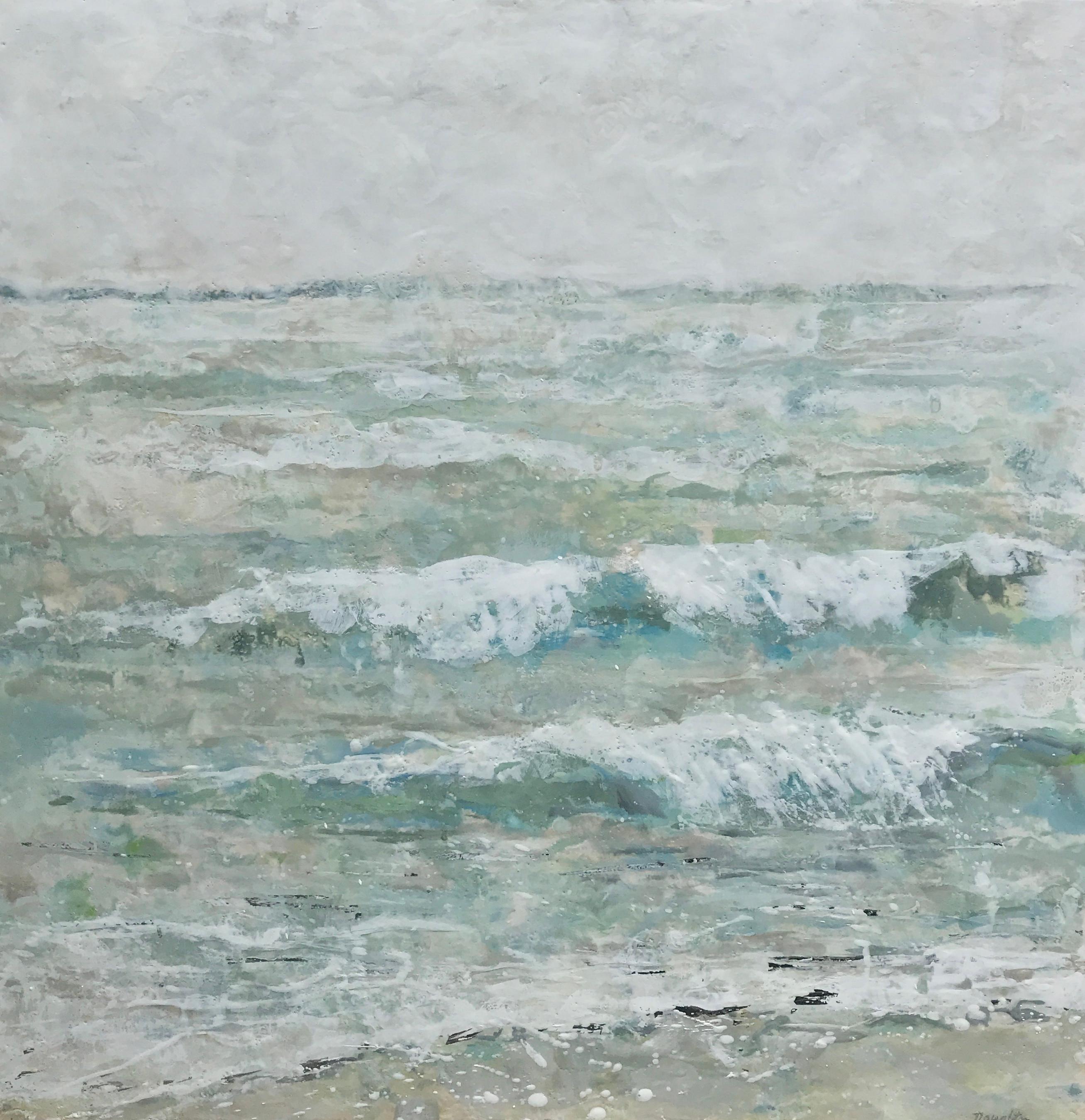 'Tide Line' is a framed encaustic on board painting created by American artist Maureen Naughton in 2019. Featuring a soft palette mostly made of blue, green, white, and grey tones, the painting depicts a seashore accented with small waves crashing