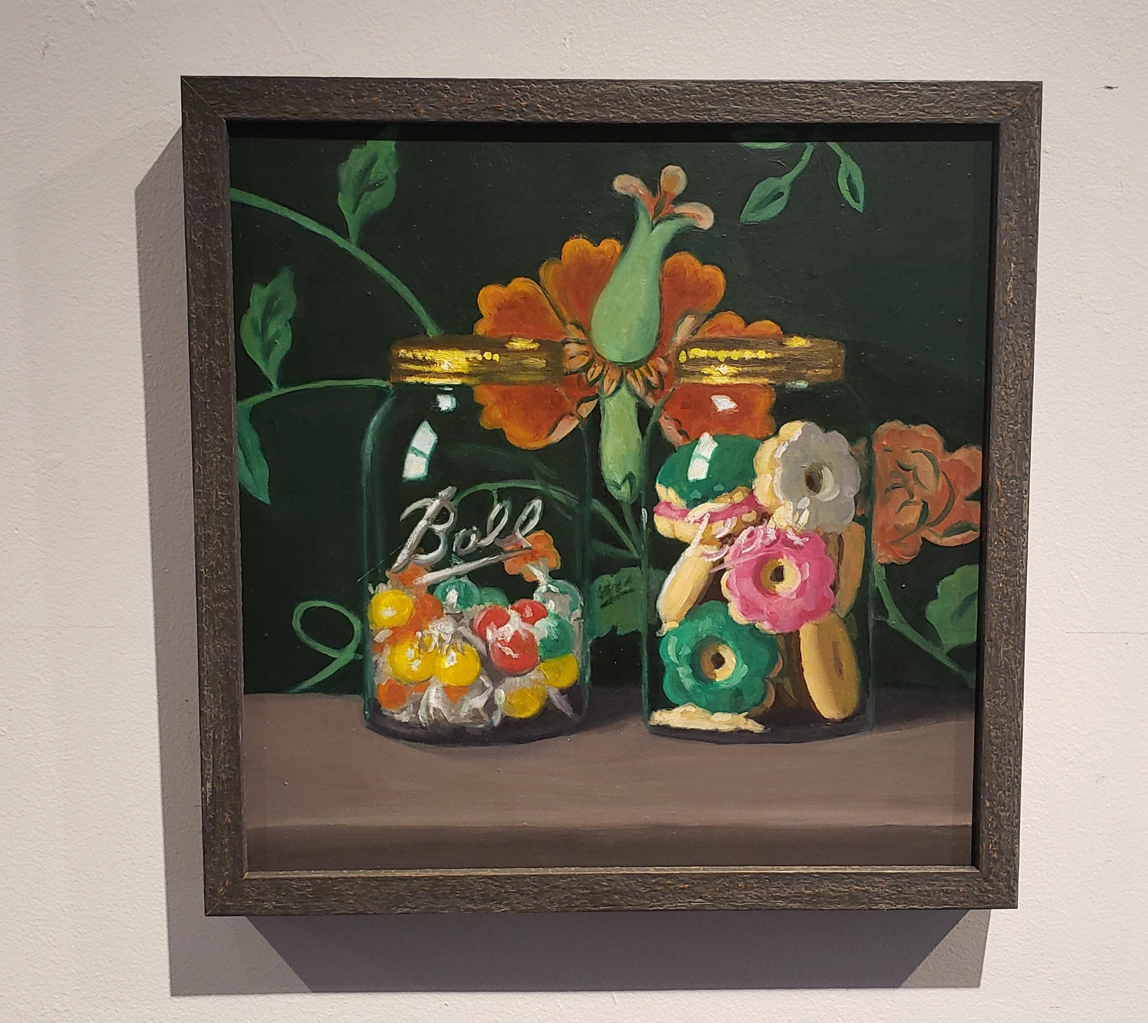 Candy Jar, Oil on Canvas, American Artist, Realism, Tchotskes AKA Quirky Objects - Painting by MAUREEN O'CONNER