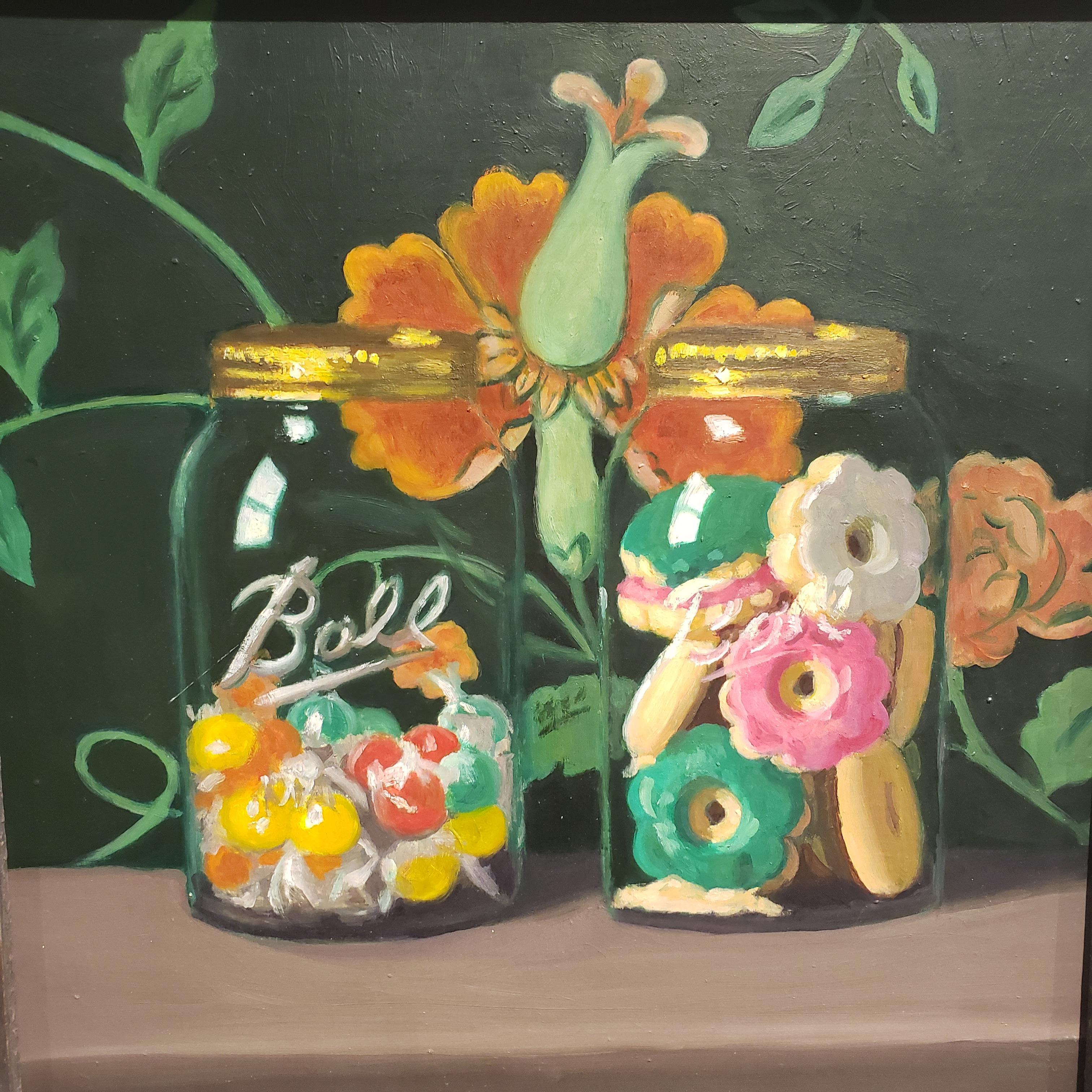 Barattolo di caramelle, Olio su tela, Artista americano, Realismo, Tchotskes AKA Oggetti stravaganti - Still-Life Painting Grigio di MAUREEN O'CONNER